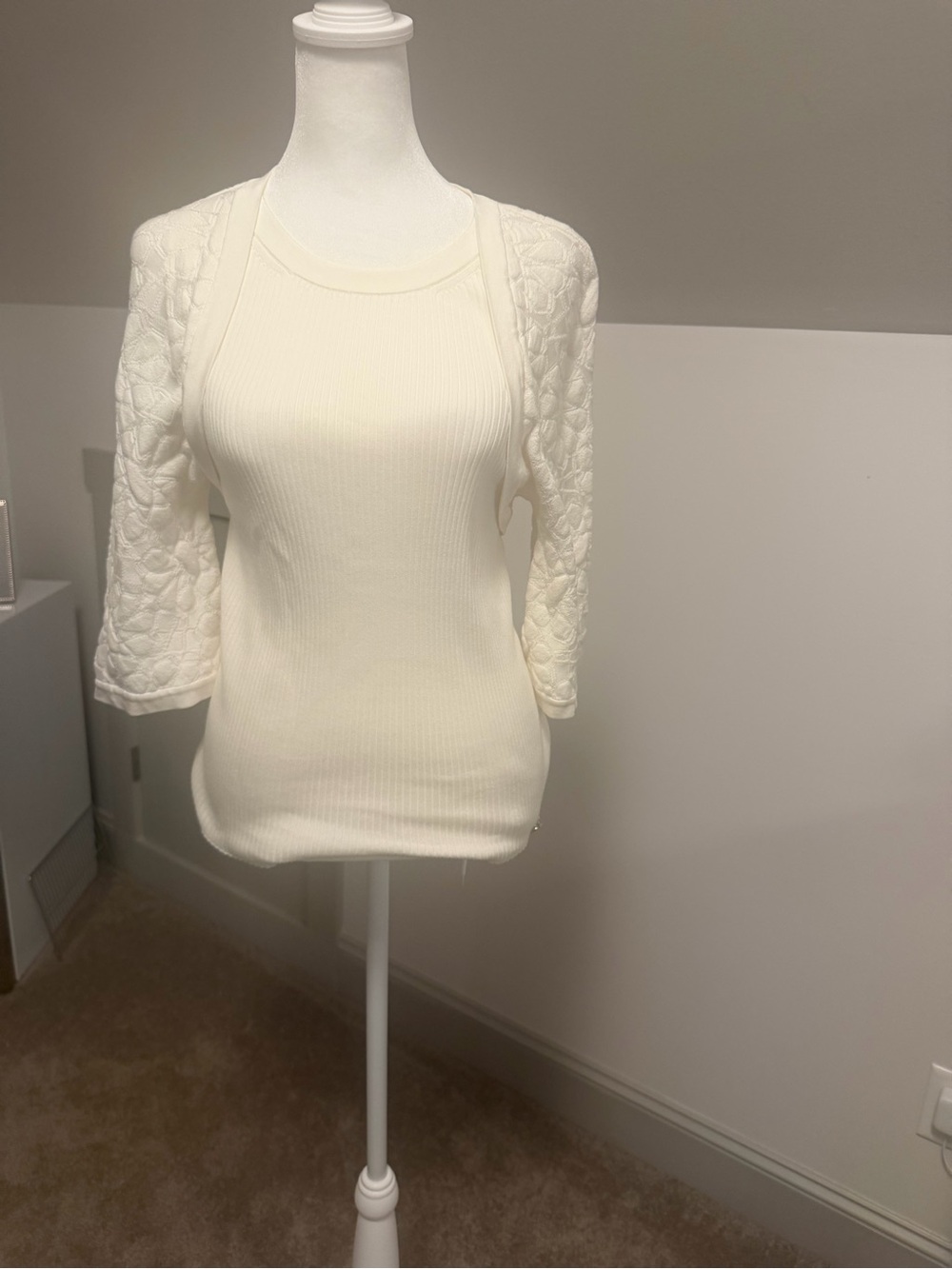 CHANEL Spring 2015 Off-White Faux Two-Piece Shrug Ribbed Knit Top Size 38